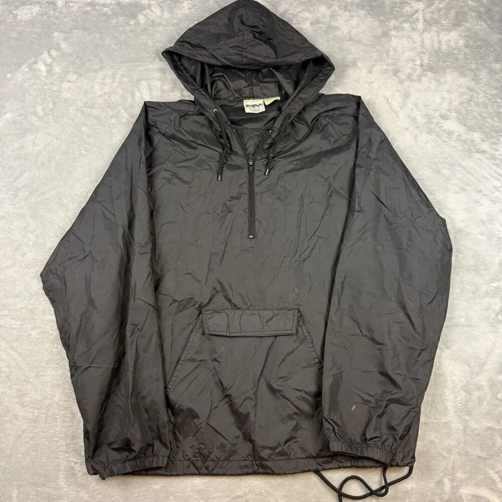 MV Sport Hooded Pullover Windbreaker Jacket Black Nylon Packable Anorak Large